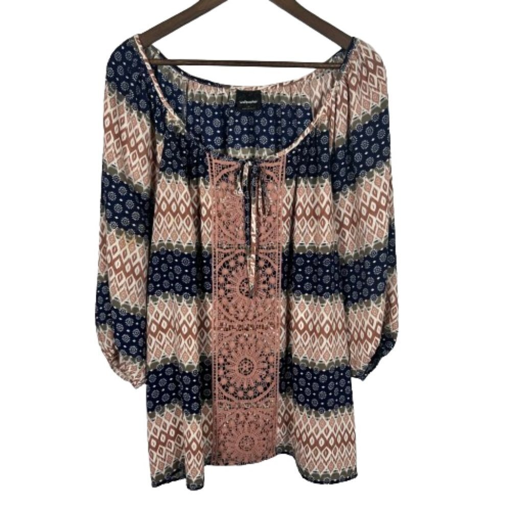 Wallpapher Womens Blouse Top Boho Crochet Lace Geometric Blue Pink‎ Plus Size 1X